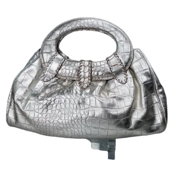 Donald J Pliner Printed Metallic Croco Purse Handbag Clutch Satchel Leather - Picture 1 of 12